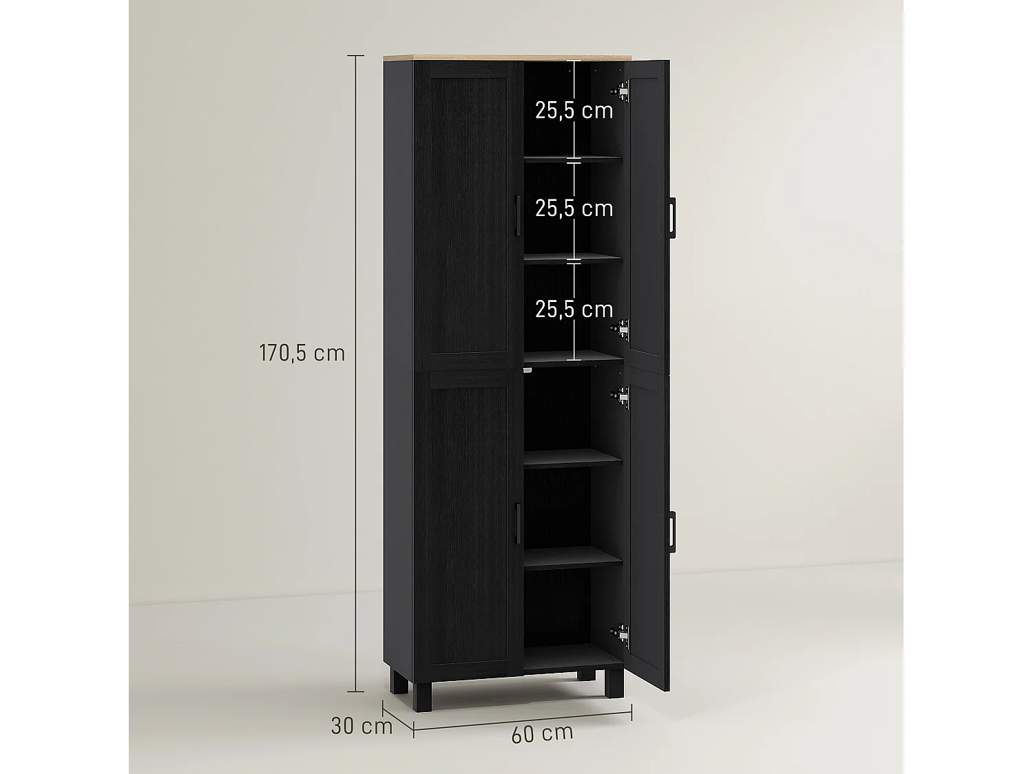 Buffet haut - armoire de cuisine - 5 étagères - poignées métal noir effet bois clair noir