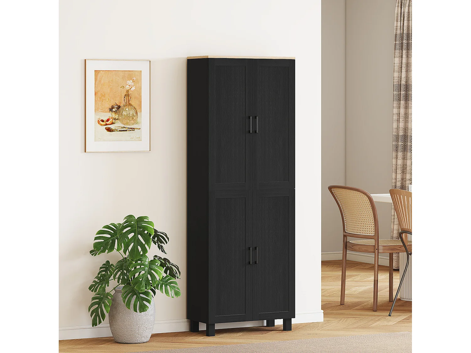 Buffet haut - armoire de cuisine - 5 étagères - poignées métal noir effet bois clair noir