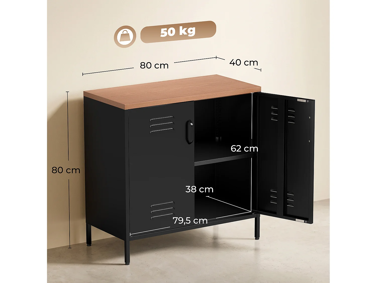 Buffet métal bois 2 portes étagère 80 x 40 x 80 cm