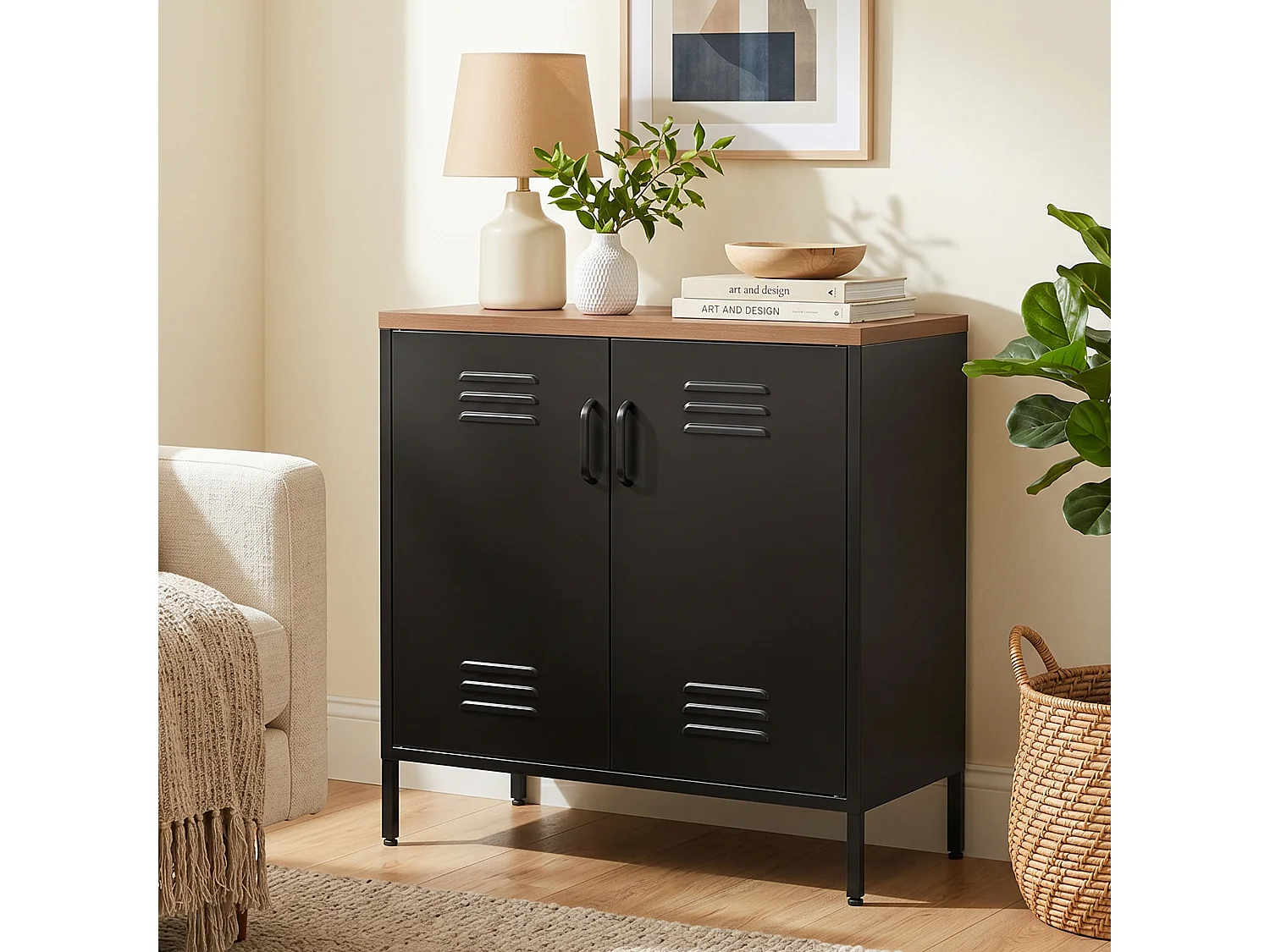 Buffet métal bois 2 portes étagère 80 x 40 x 80 cm