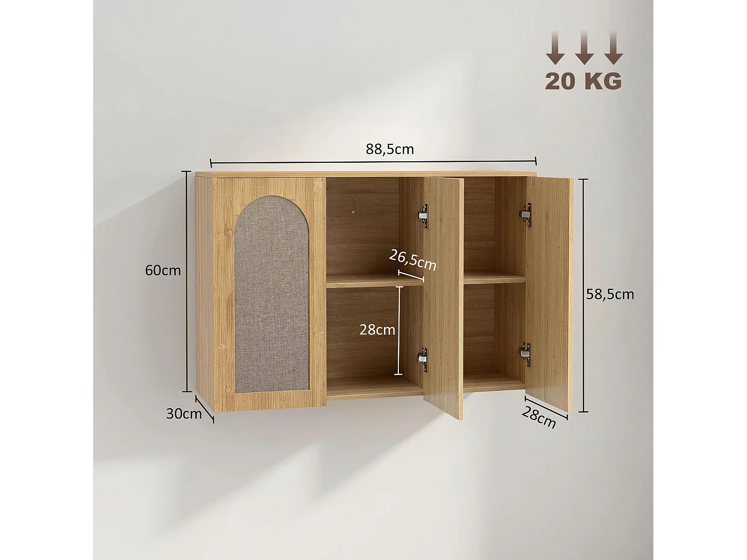 Armoire murale salle de bain effet bois bambou et rotin 3 portes 2 étagères