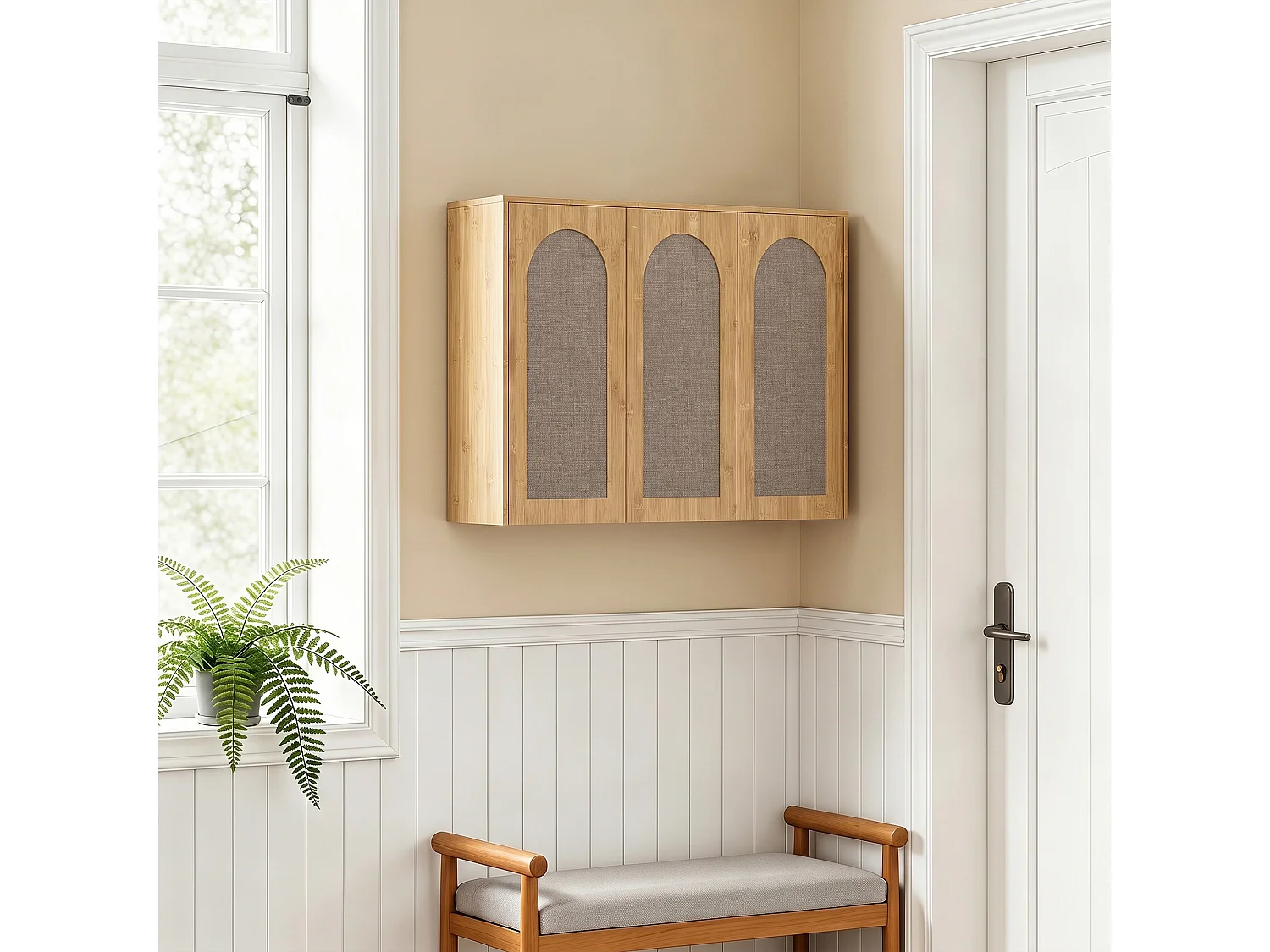 Armoire murale salle de bain effet bois bambou et rotin 3 portes 2 étagères