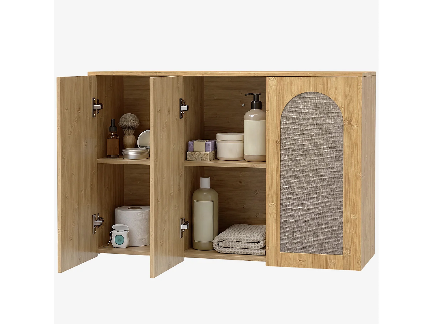 Armoire murale salle de bain effet bois bambou et rotin 3 portes 2 étagères