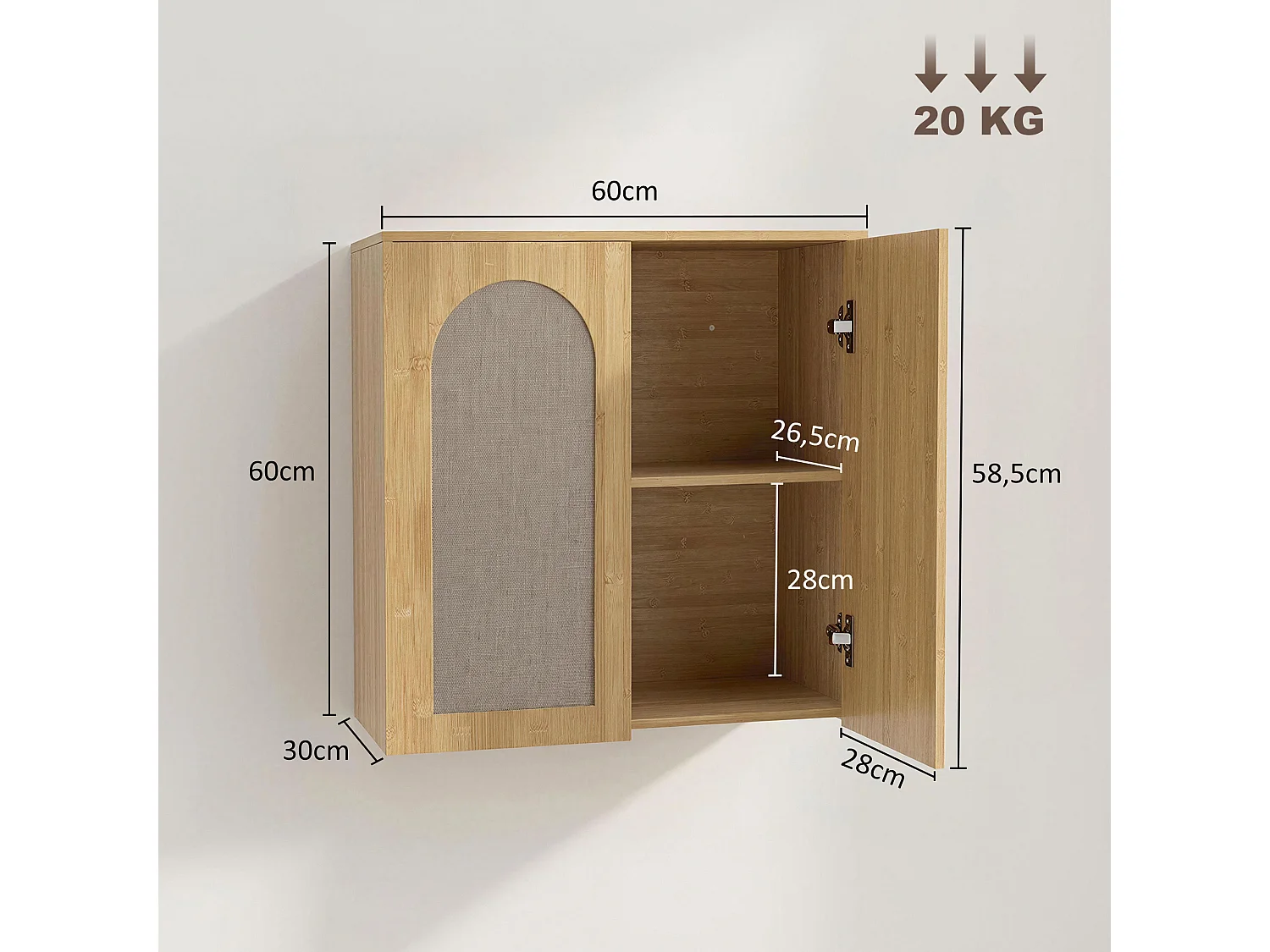 Armoire murale salle de bain effet bois bambou et rotin 2 portes étagère