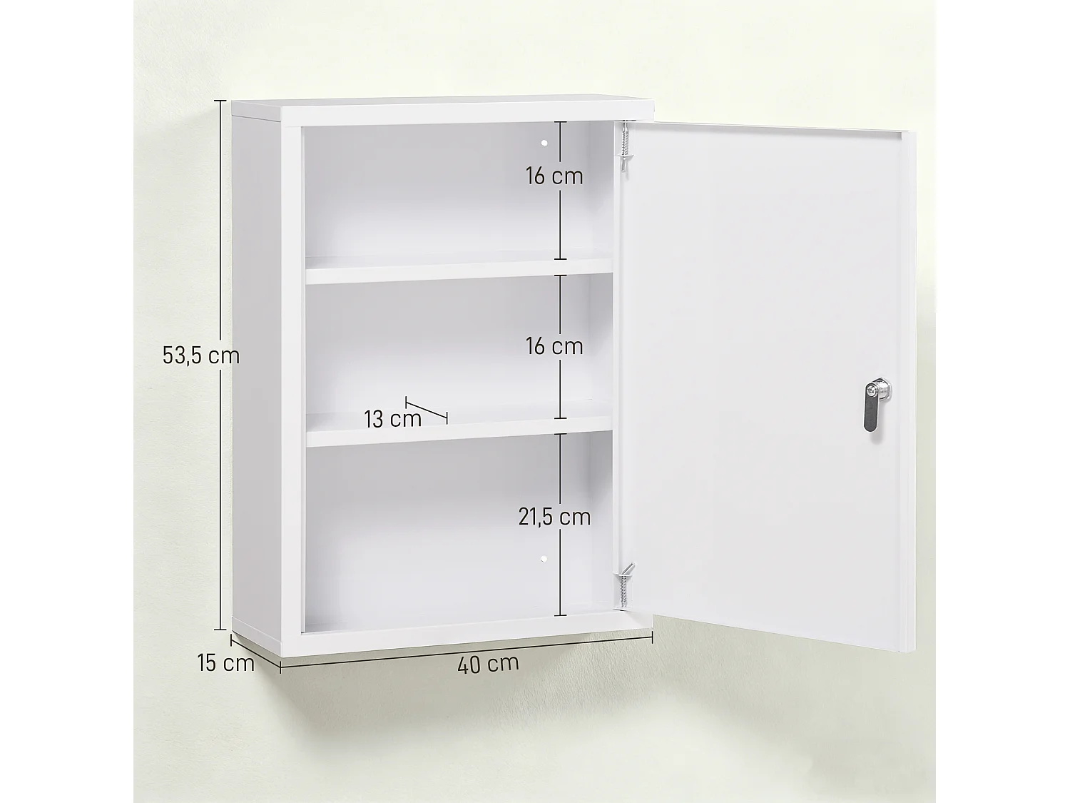 Armoire à pharmacie murale verrouillable porte 2 étagères 3 niv. 40 x 15 x 53 cm acier blanc