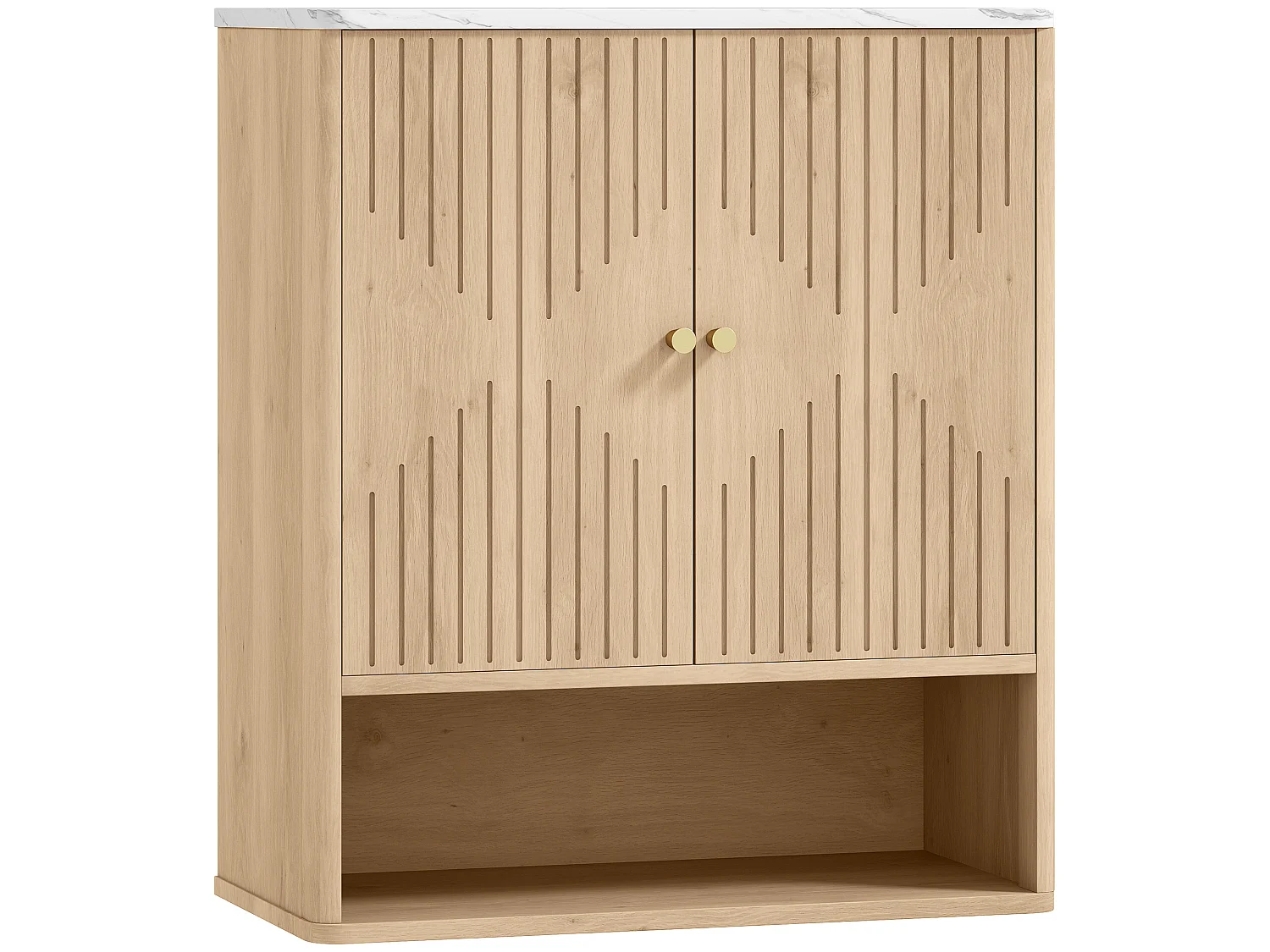 Armoire murale de salle de bain 2 portes étagère niche style bois naturel dim. 60 x 18 x 70 cm poignées métal doré