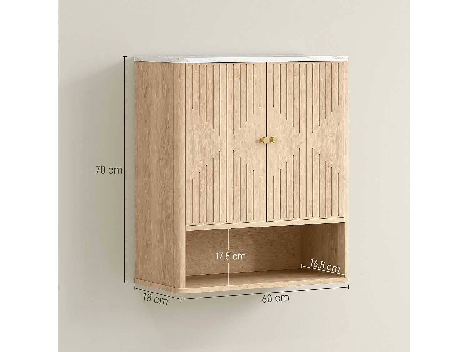 Armoire murale de salle de bain 2 portes étagère niche style bois naturel dim. 60 x 18 x 70 cm poignées métal doré