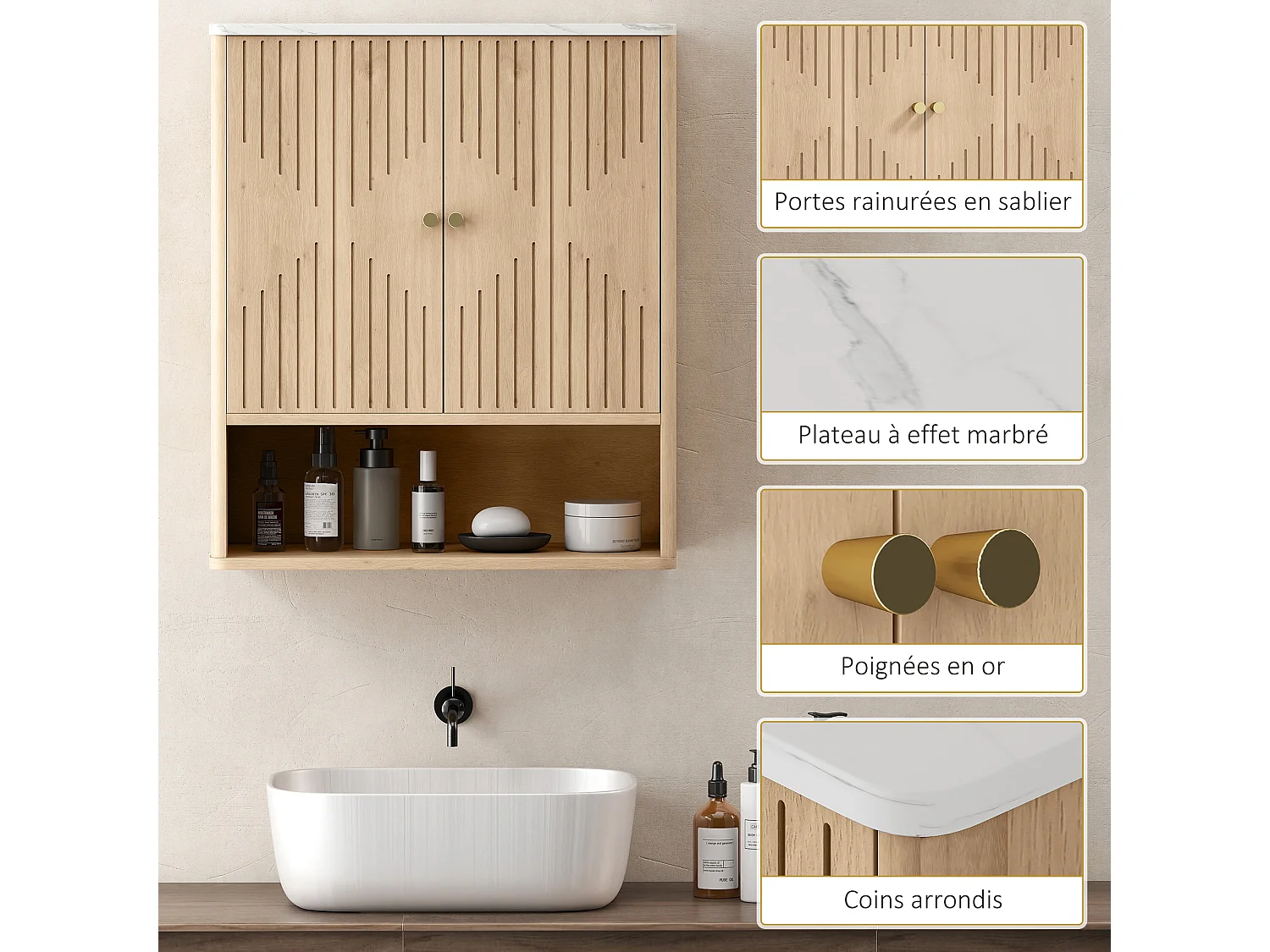 Armoire murale de salle de bain 2 portes étagère niche style bois naturel dim. 60 x 18 x 70 cm poignées métal doré