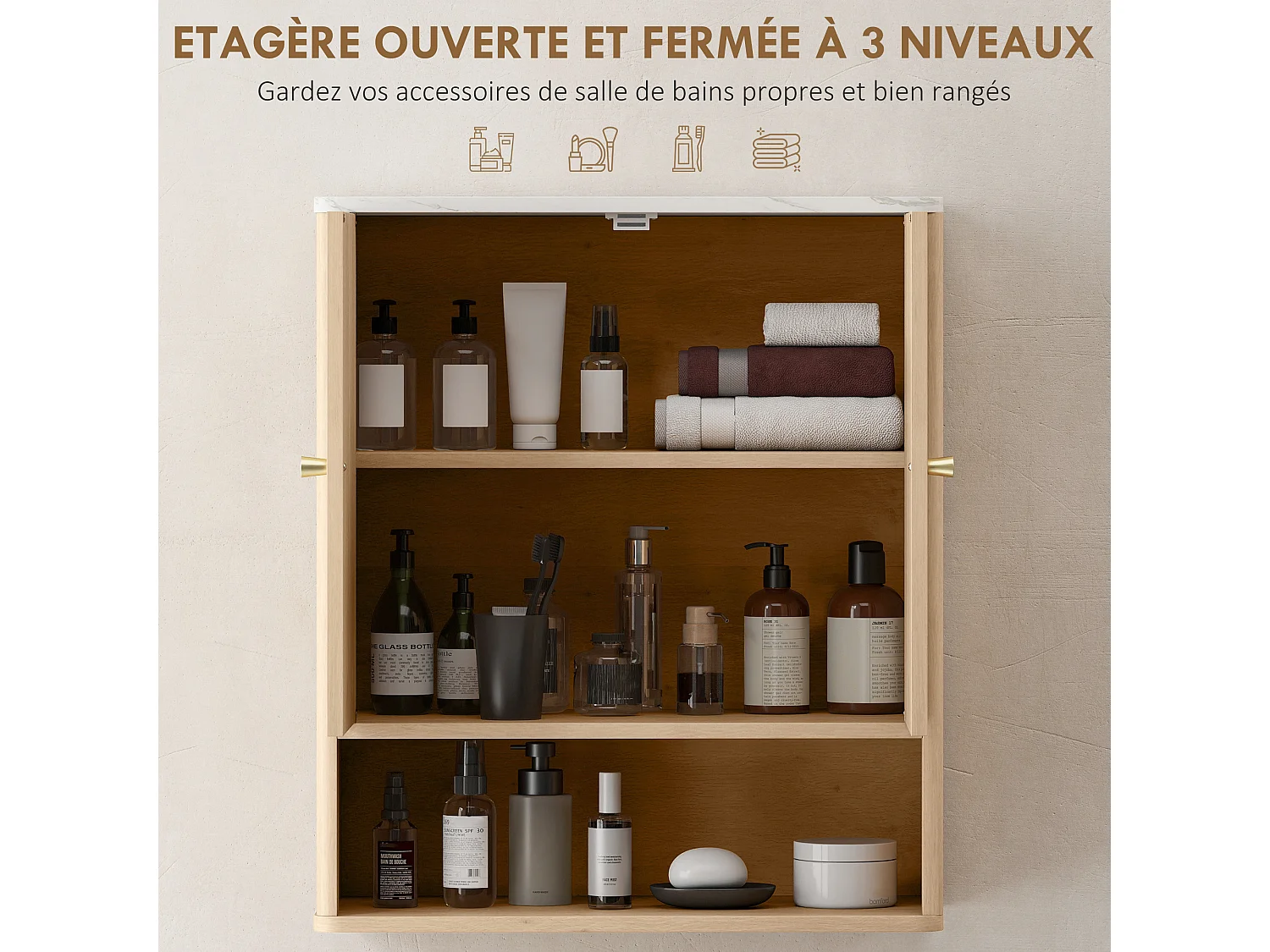 Armoire murale de salle de bain 2 portes étagère niche style bois naturel dim. 60 x 18 x 70 cm poignées métal doré
