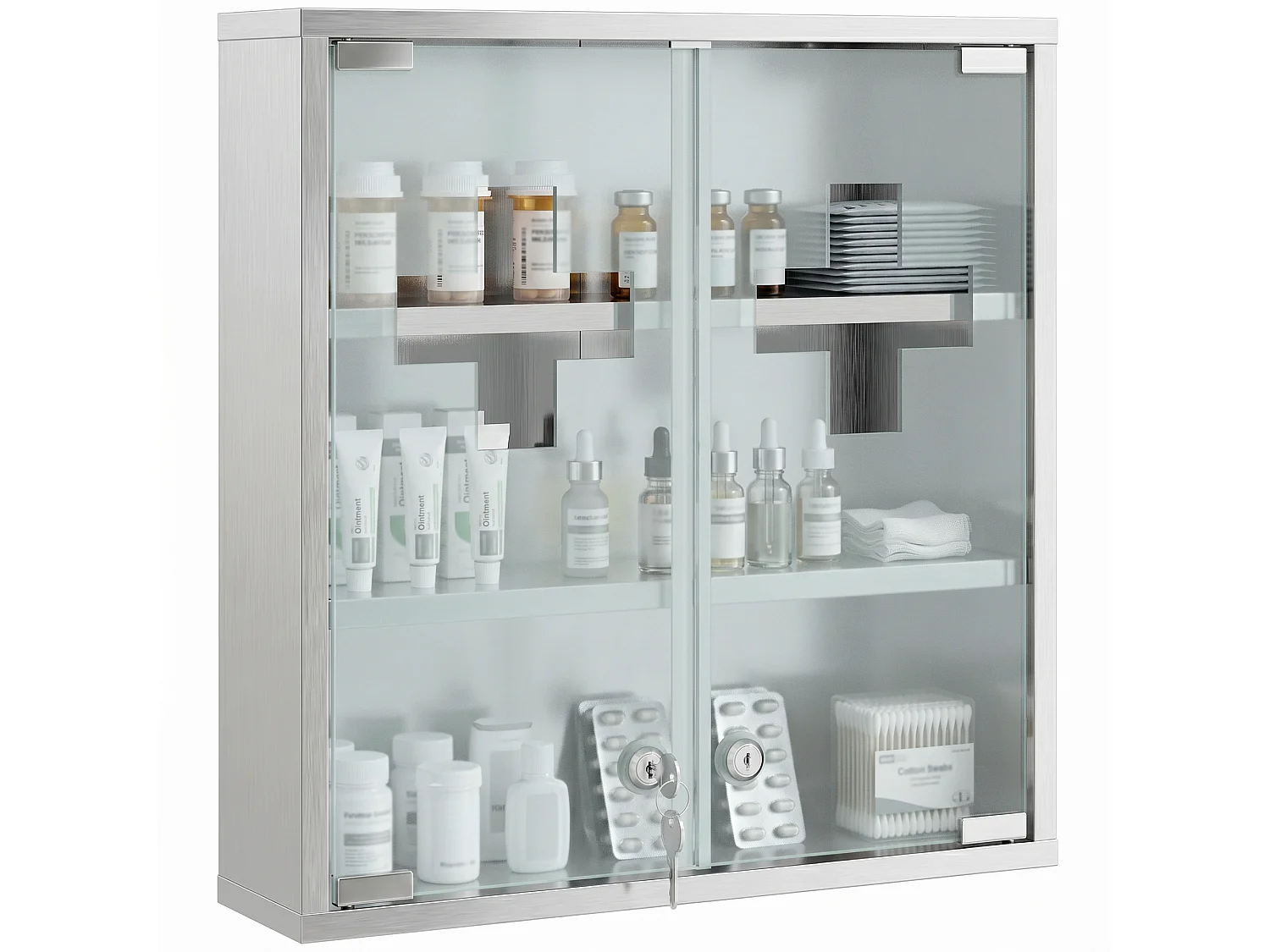 Armoire à pharmacie murale verrouillable acier inox 2 portes verre dépoli croix transparente