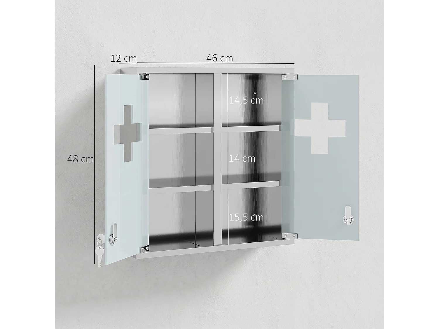 Armoire à pharmacie murale verrouillable acier inox 2 portes verre dépoli croix transparente