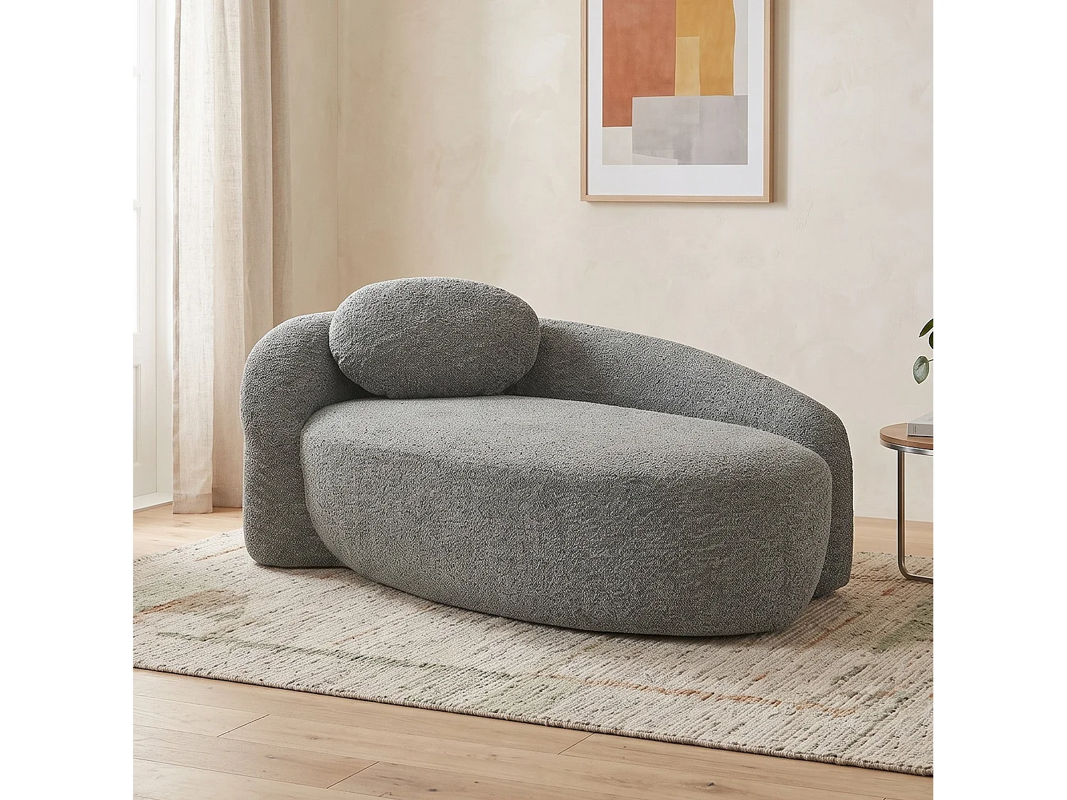 Méridienne canapé en tissu teddy gris foncé, design arrondi