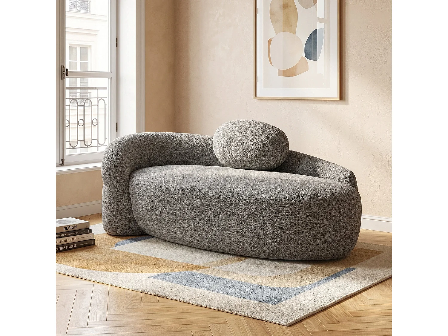 Méridienne canapé en tissu teddy gris foncé, design arrondi