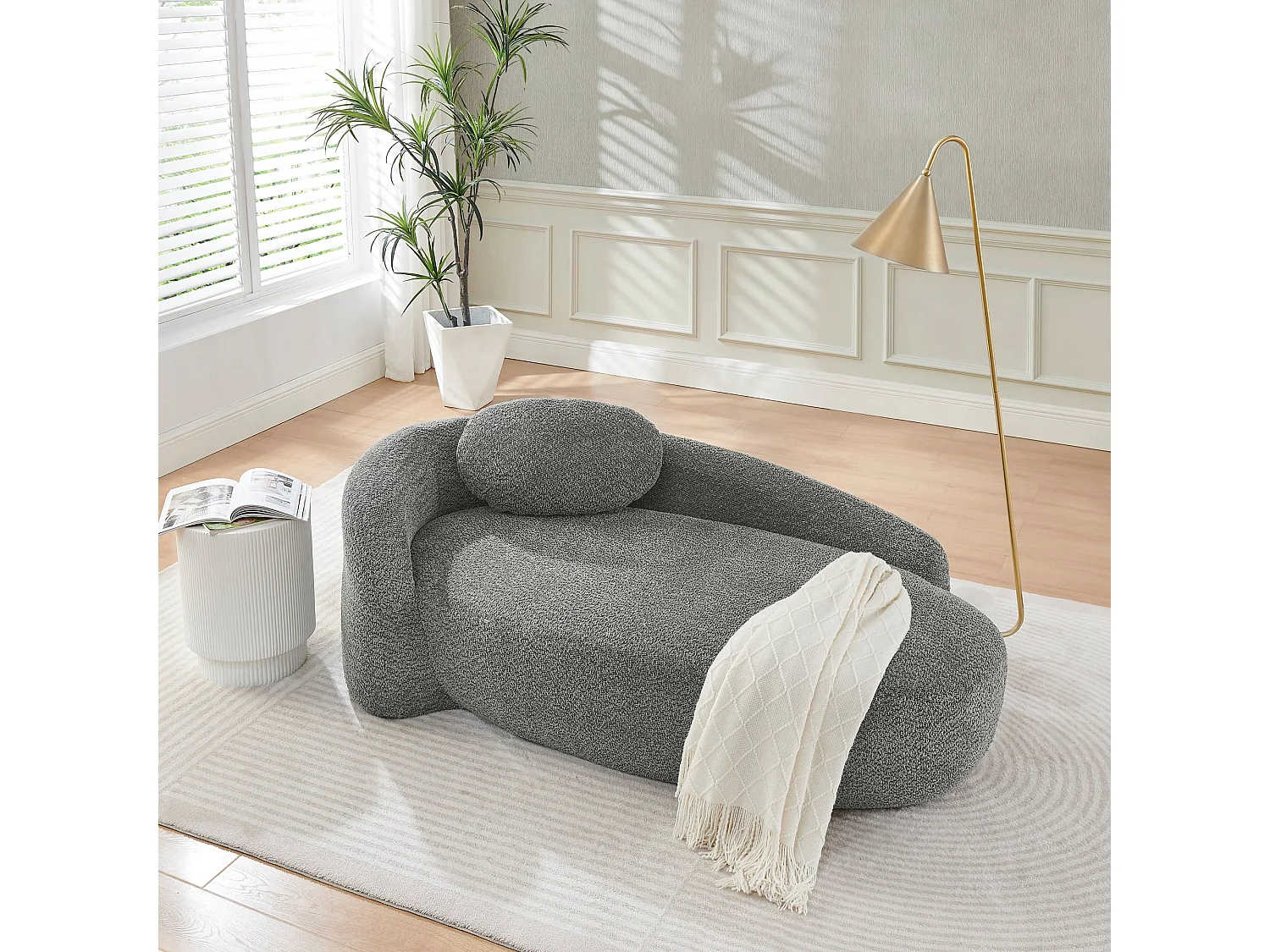 Méridienne canapé en tissu teddy gris foncé, design arrondi