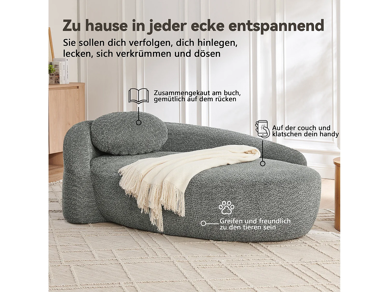 Méridienne canapé en tissu teddy gris foncé, design arrondi