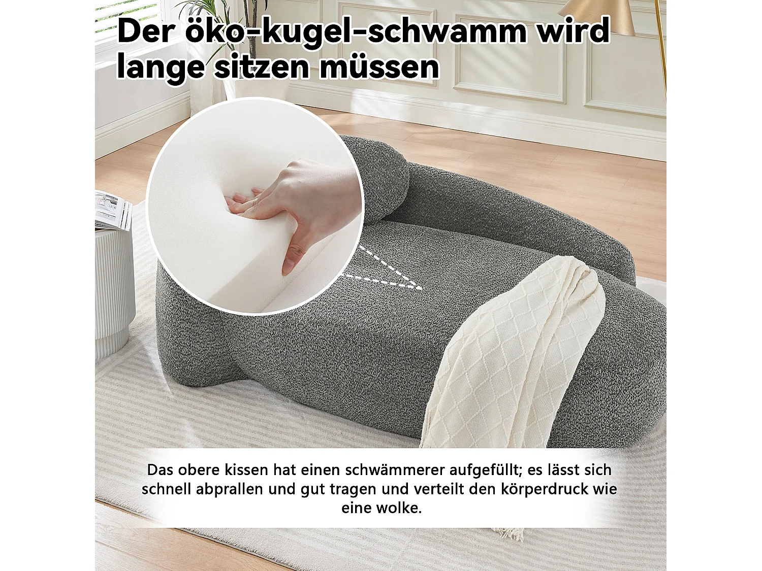 Méridienne canapé en tissu teddy gris foncé, design arrondi