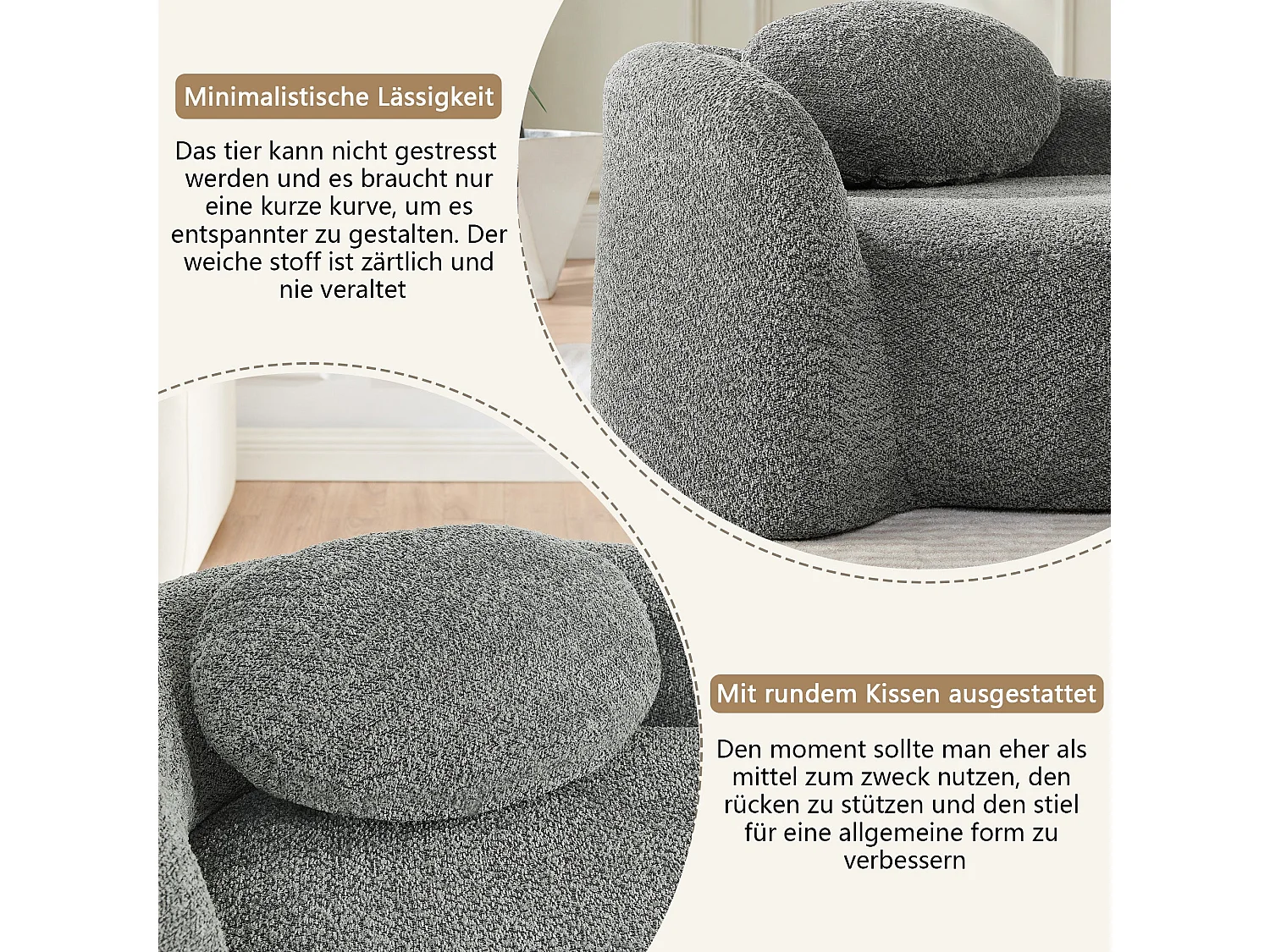 Méridienne canapé en tissu teddy gris foncé, design arrondi