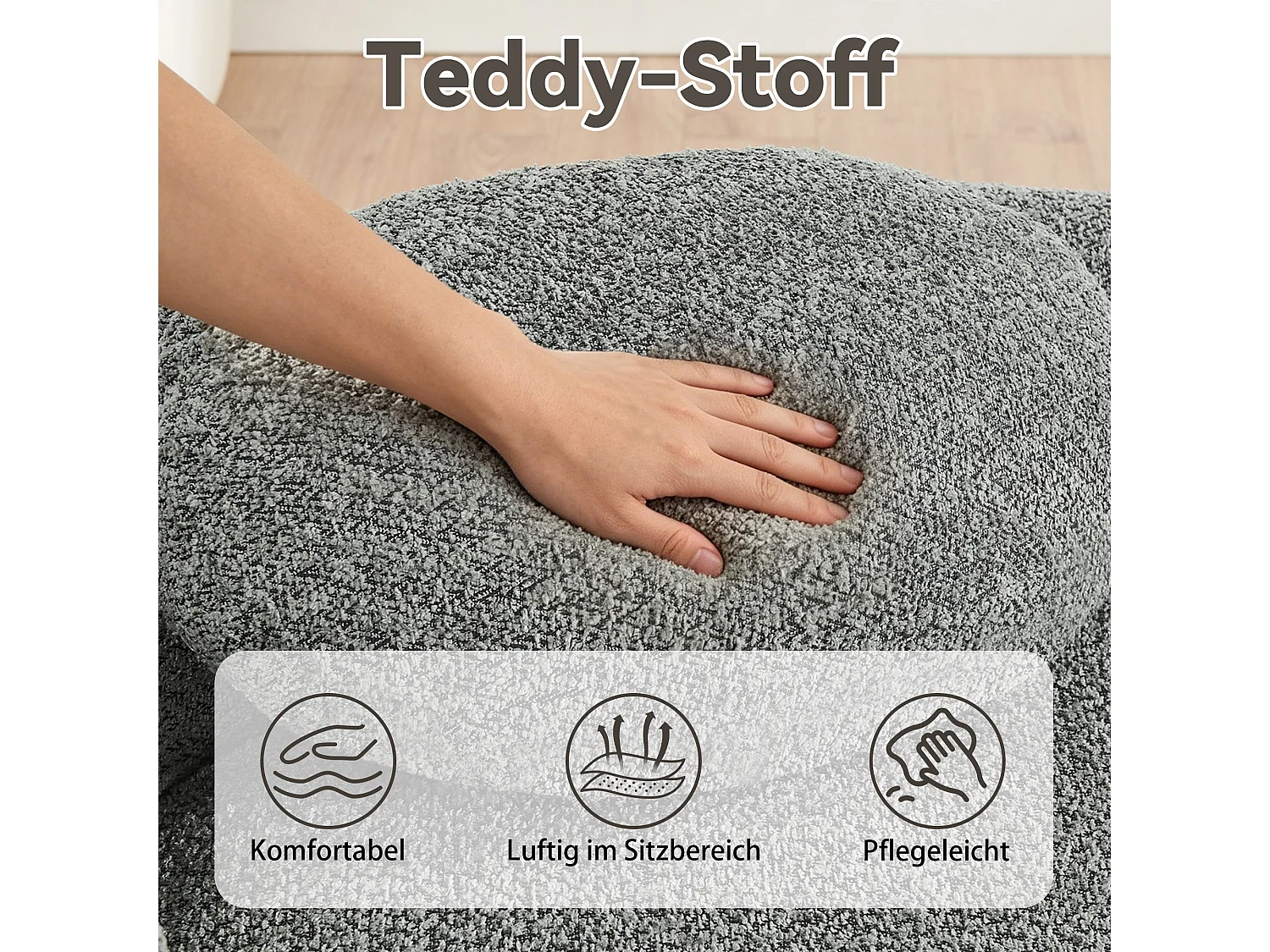 Méridienne canapé en tissu teddy gris foncé, design arrondi