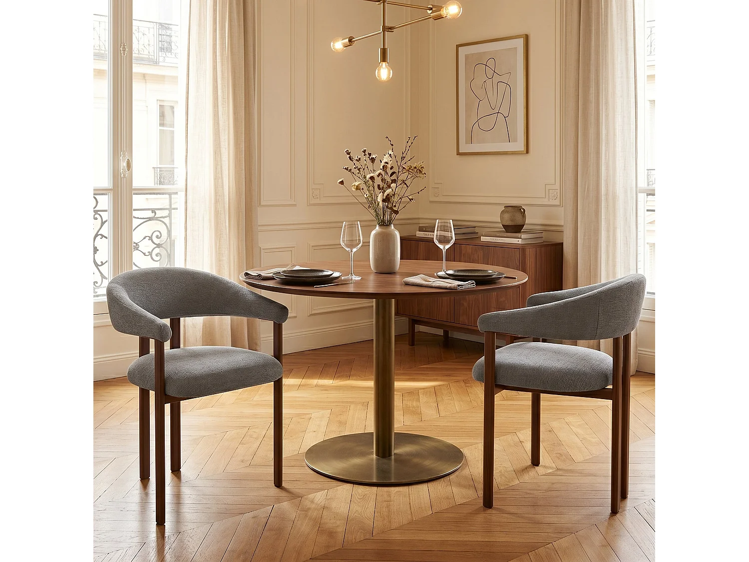 Lot de 2 chaises en lin gris clair, pieds métalliques effet bois noyer