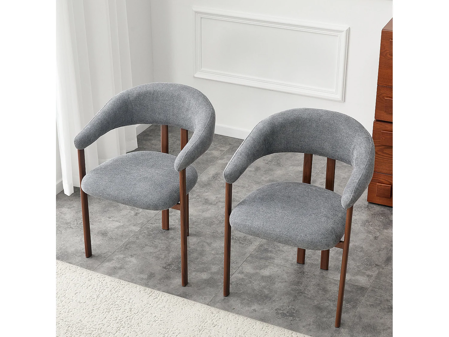 Lot de 2 chaises en lin gris clair, pieds métalliques effet bois noyer