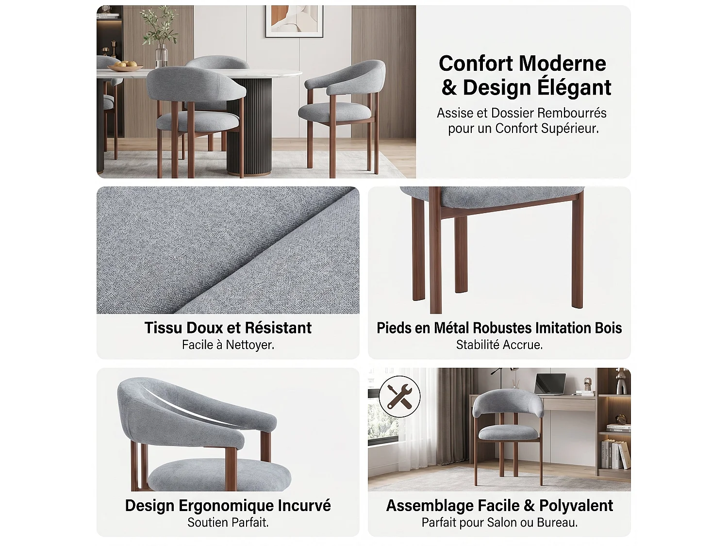 Lot de 2 chaises en lin gris clair, pieds métalliques effet bois noyer