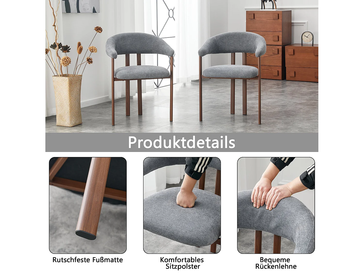 Lot de 2 chaises en lin gris clair, pieds métalliques effet bois noyer