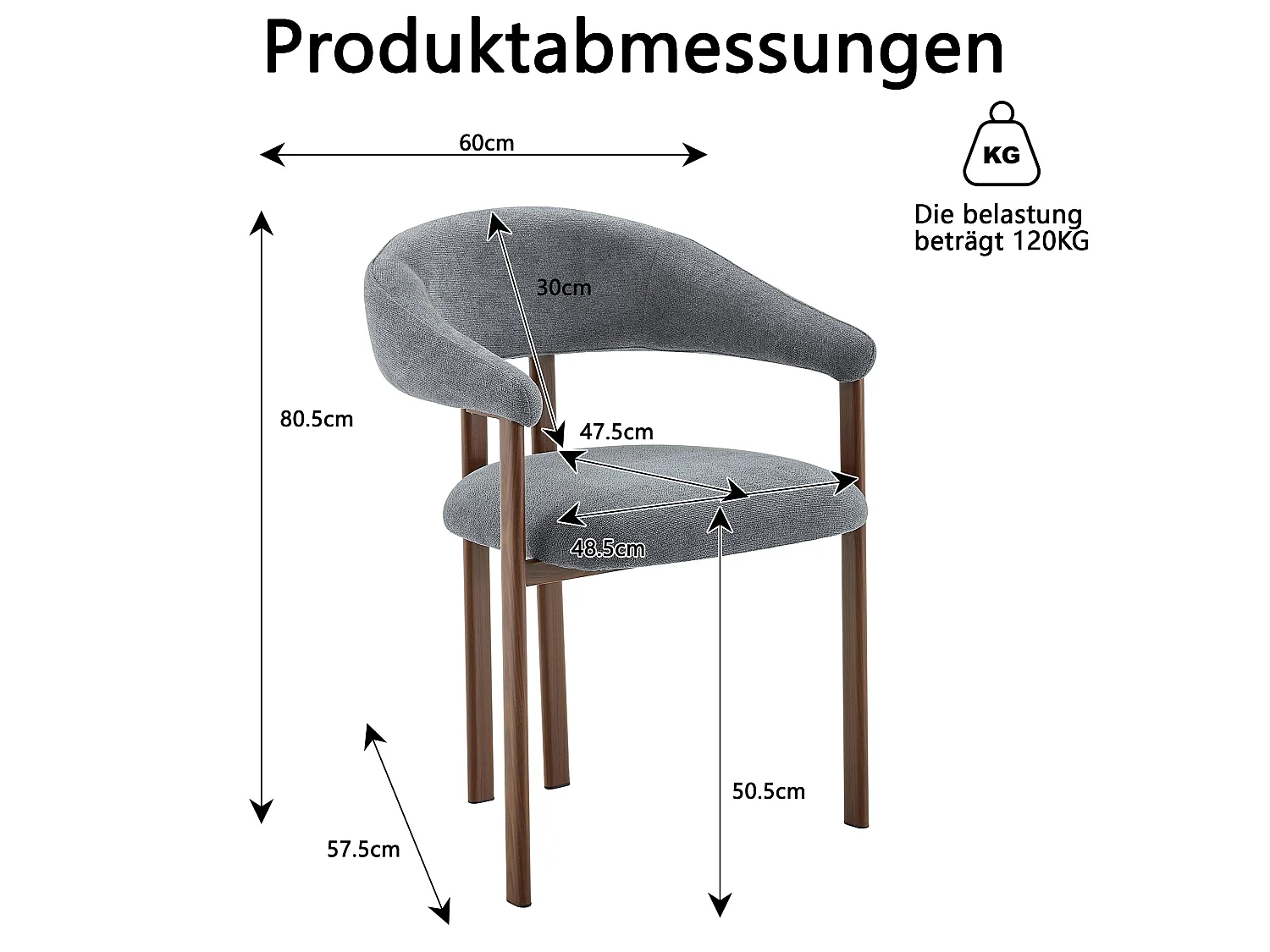 Lot de 2 chaises en lin gris clair, pieds métalliques effet bois noyer