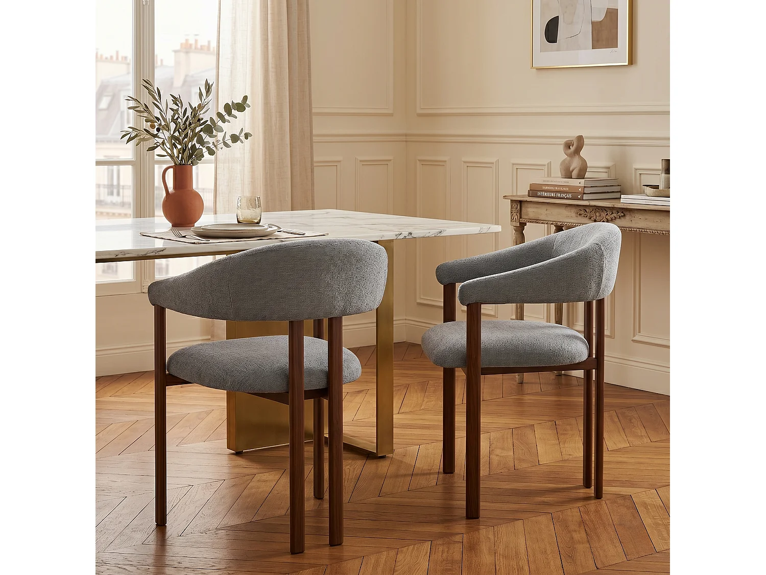 Lot de 2 chaises en lin gris clair, pieds métalliques effet bois noyer
