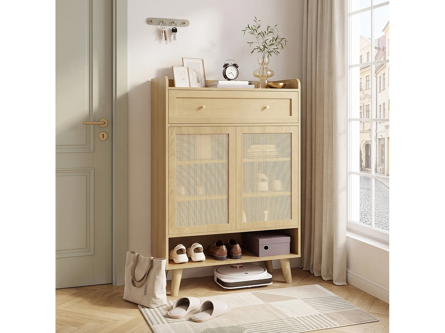 Meuble à chaussures effet bois et en rotin avec 2 portes, 4 étagères