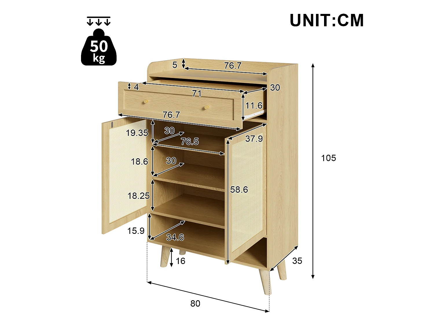 Meuble à chaussures effet bois et en rotin avec 2 portes, 4 étagères