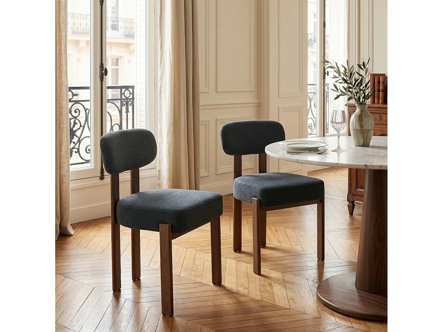 Lot de 2 chaises de salle à manger en lin noir,  dossier courbé