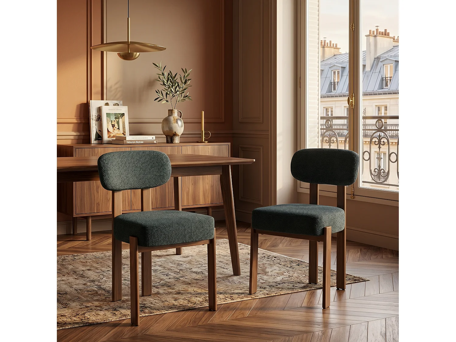 Lot de 2 chaises de salle à manger en lin noir,  dossier courbé