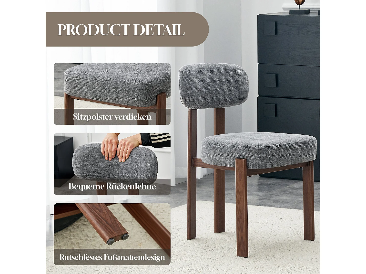 Lot de 2 chaises de salle à manger tissu noir dossier incurvé