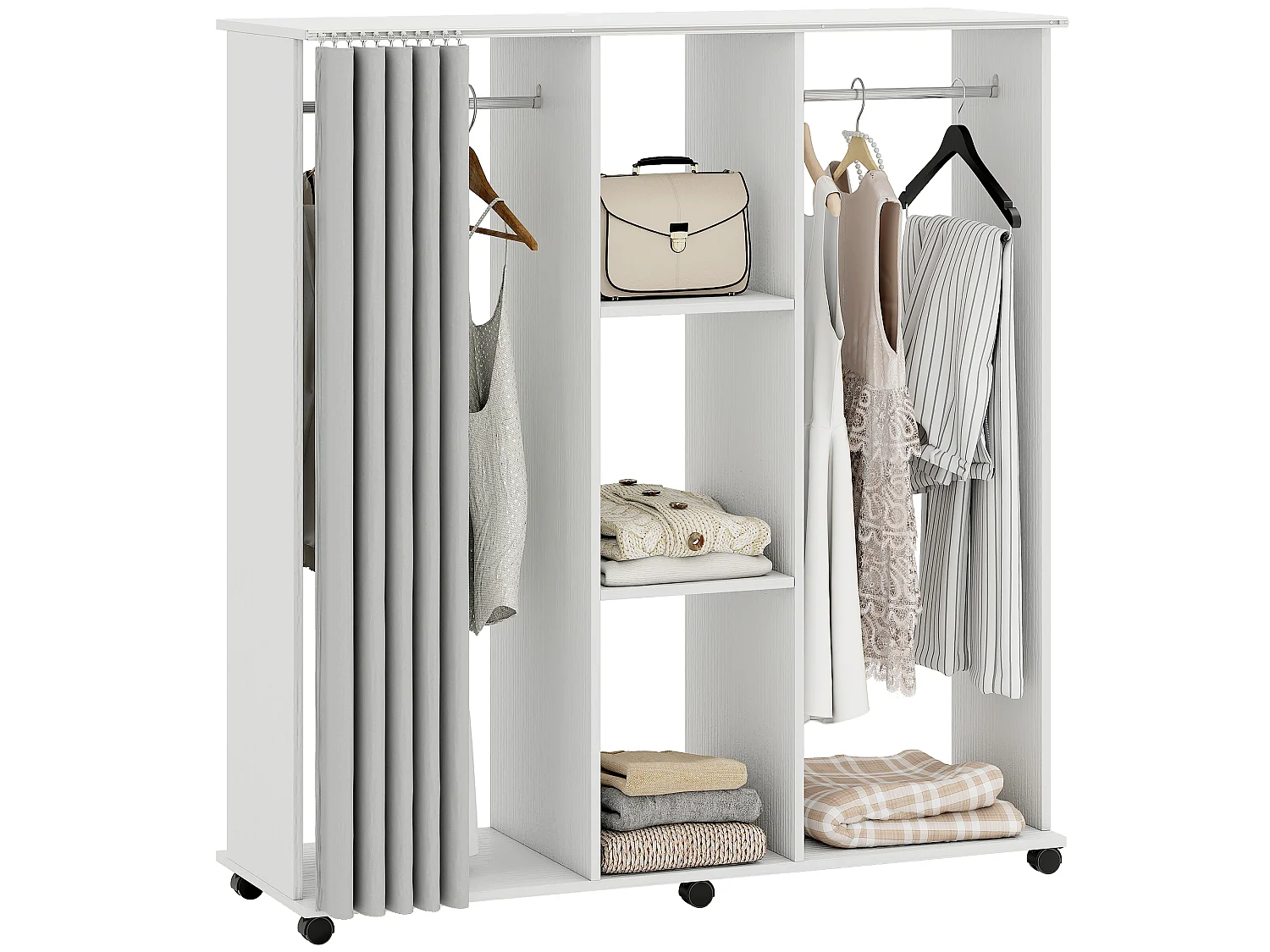 Armoire penderie mobile sur roulettes - 2 tringles, 2 étagères, rideau - 120 x 40 x 128 - effet bois blanc