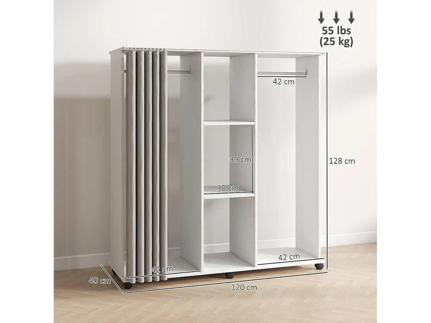 Armoire penderie mobile sur roulettes - 2 tringles, 2 étagères, rideau - 120 x 40 x 128 - effet bois blanc