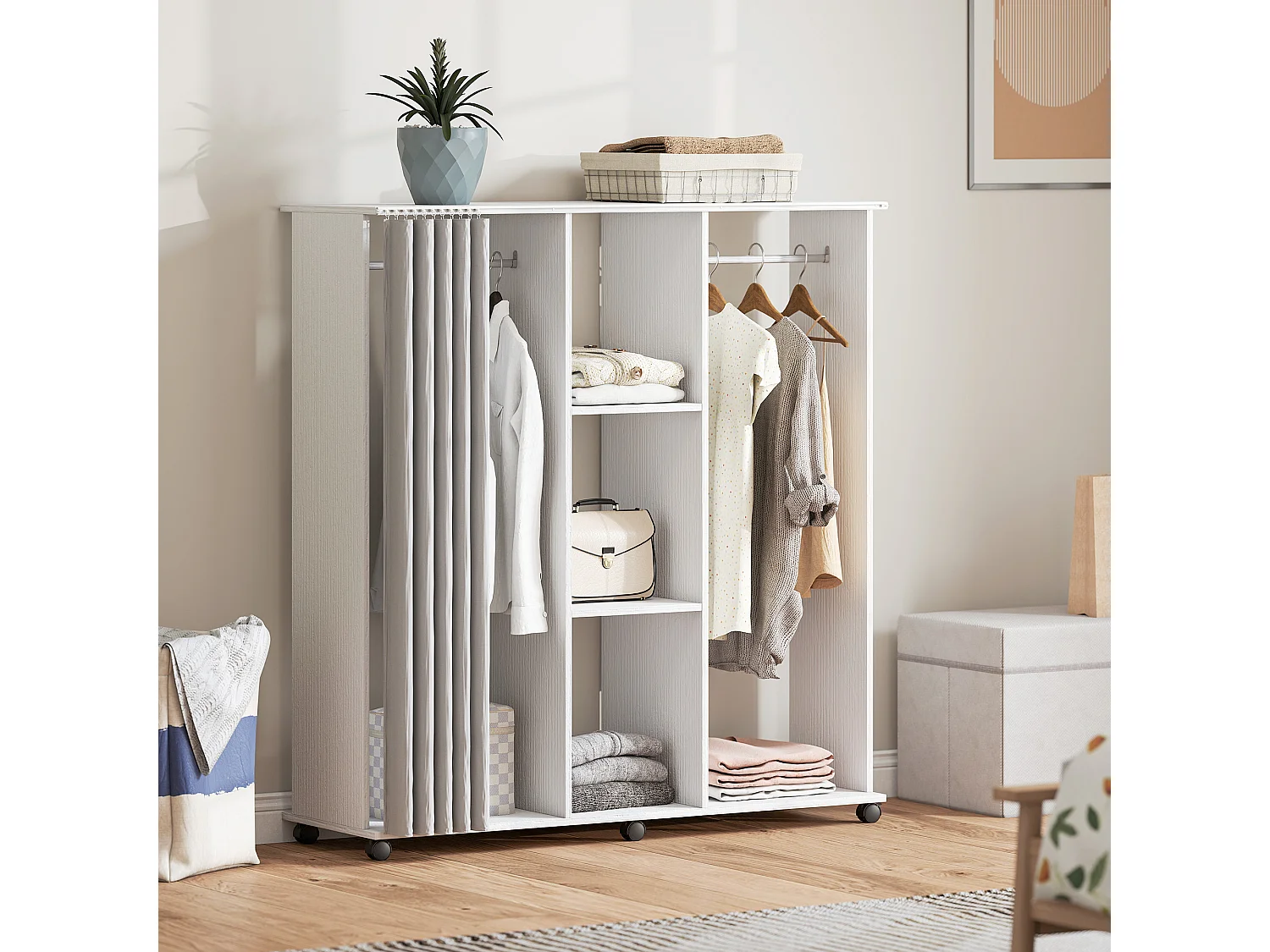 Armoire penderie mobile sur roulettes - 2 tringles, 2 étagères, rideau - 120 x 40 x 128 - effet bois blanc