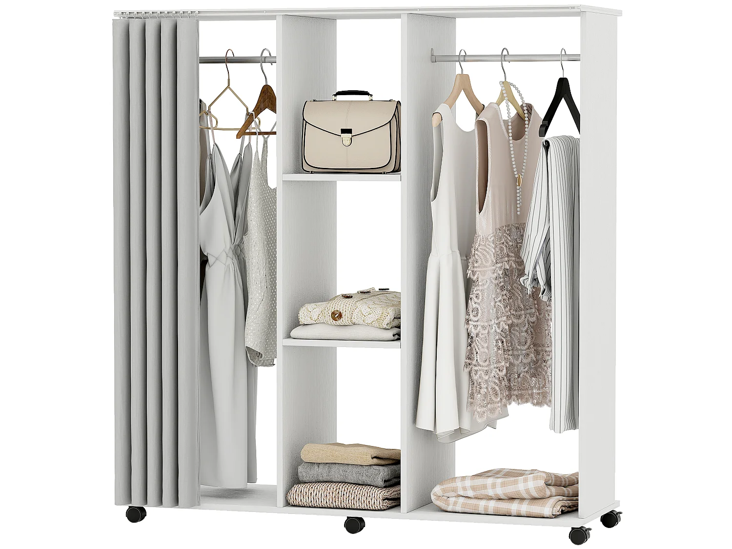 Armoire penderie mobile sur roulettes - 2 tringles, 2 étagères, rideau - 120 x 40 x 128 - effet bois blanc