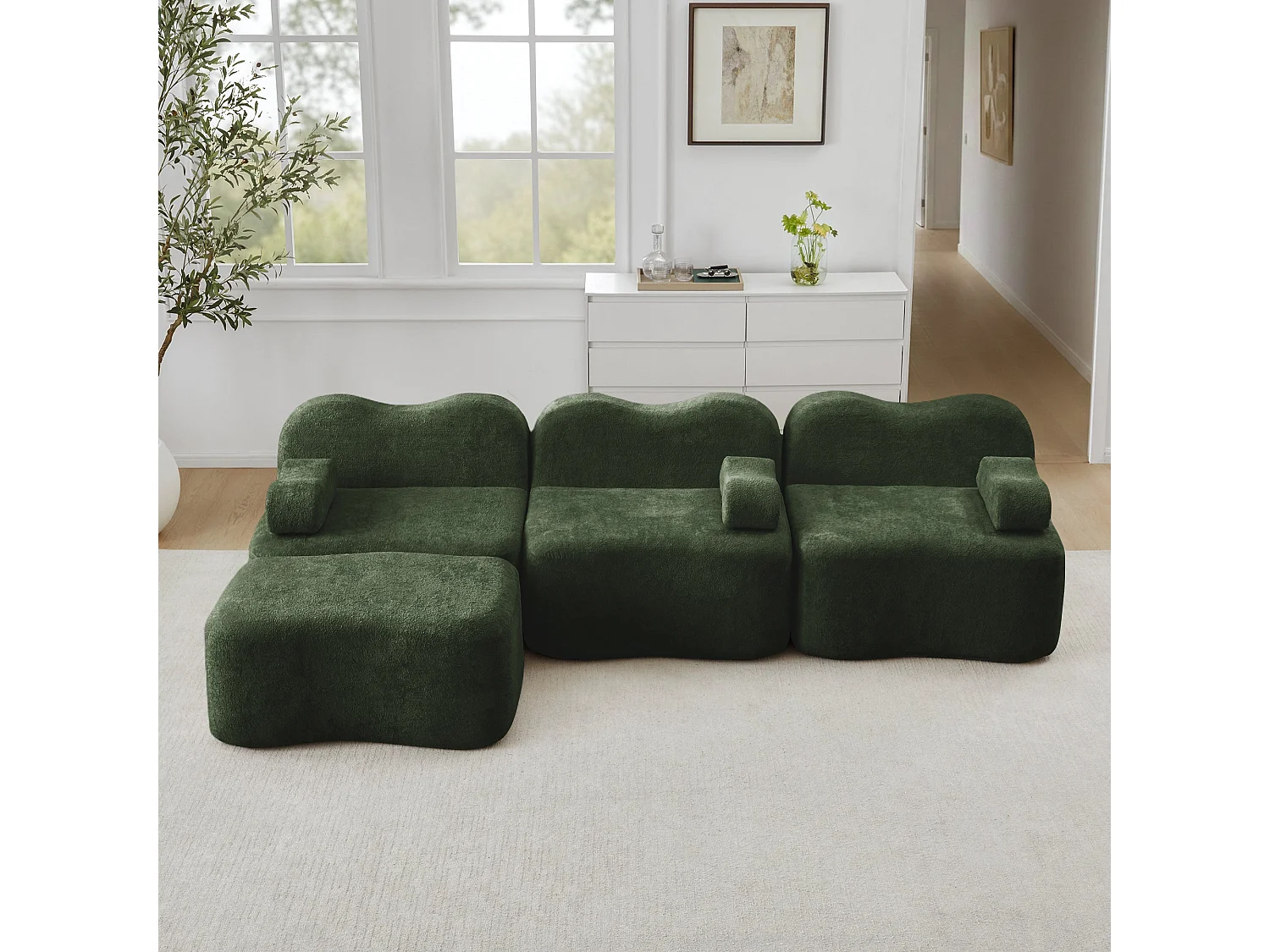 Canapé d'angle modulaire 3 places en velours vert avec pouf