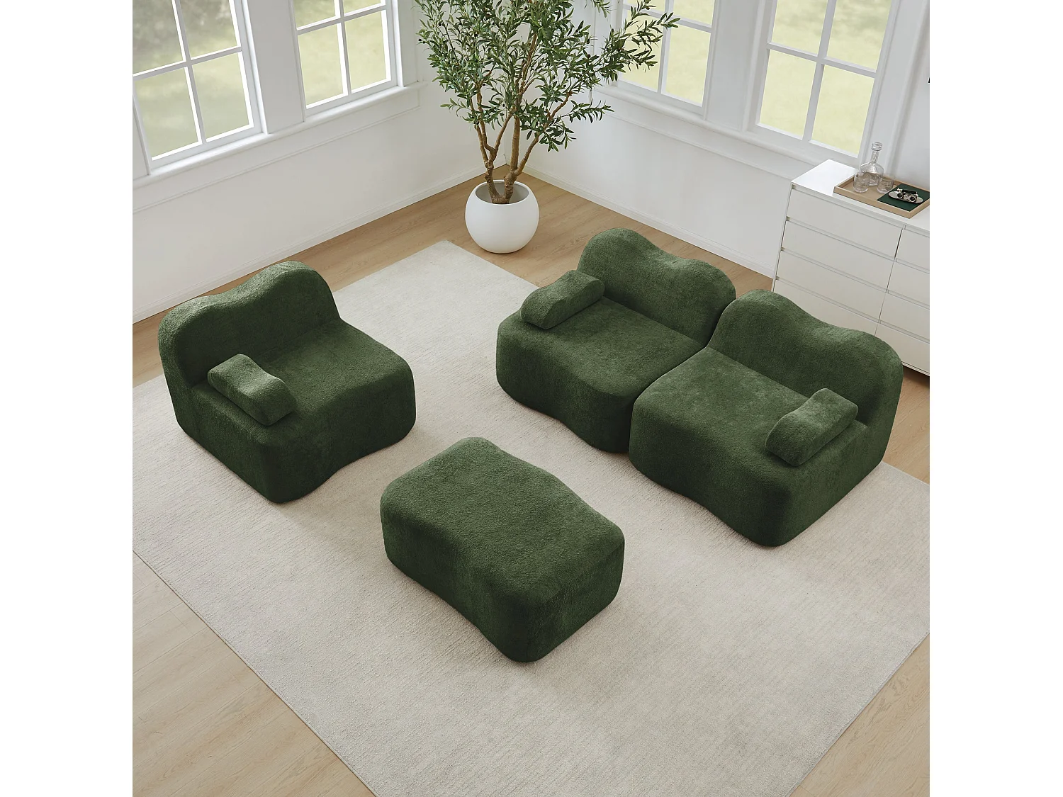 Canapé d'angle modulaire 3 places en velours vert avec pouf