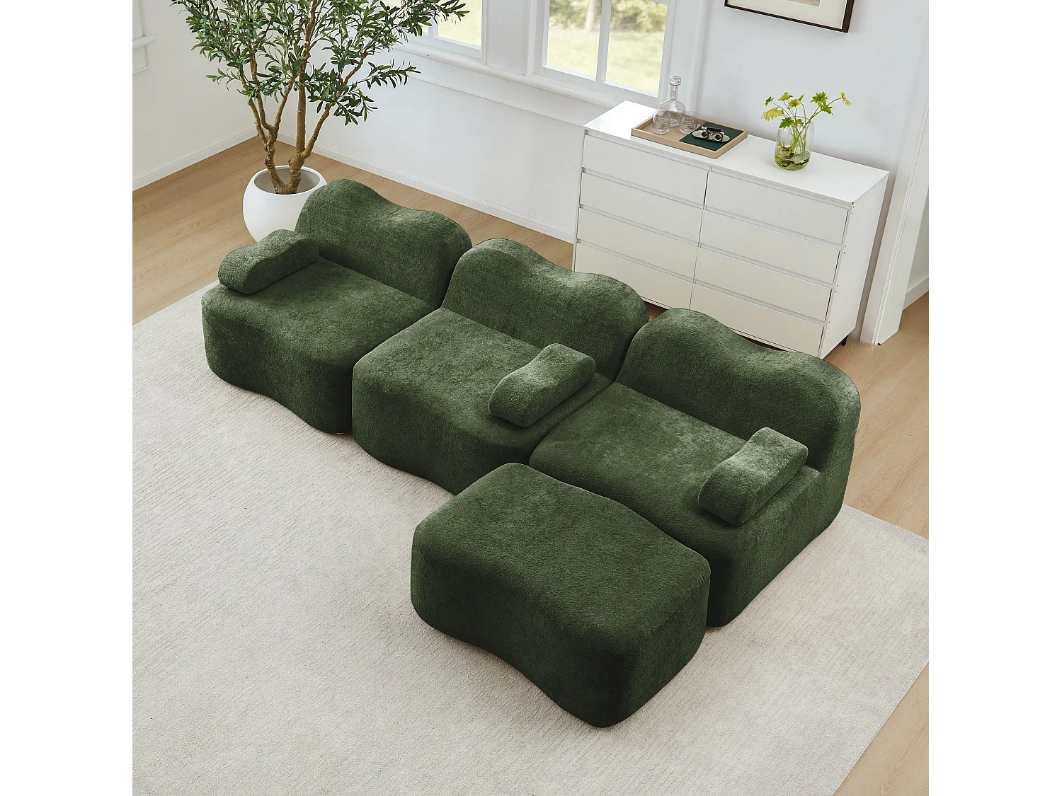 Canapé d'angle modulaire 3 places en velours vert avec pouf