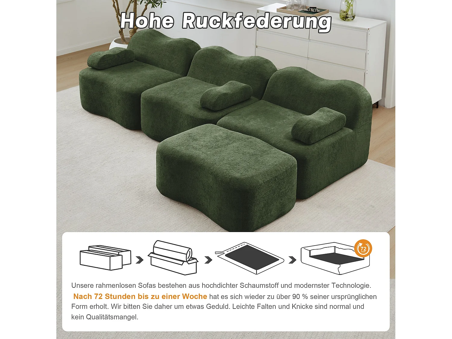 Canapé d'angle modulaire 3 places en velours vert avec pouf