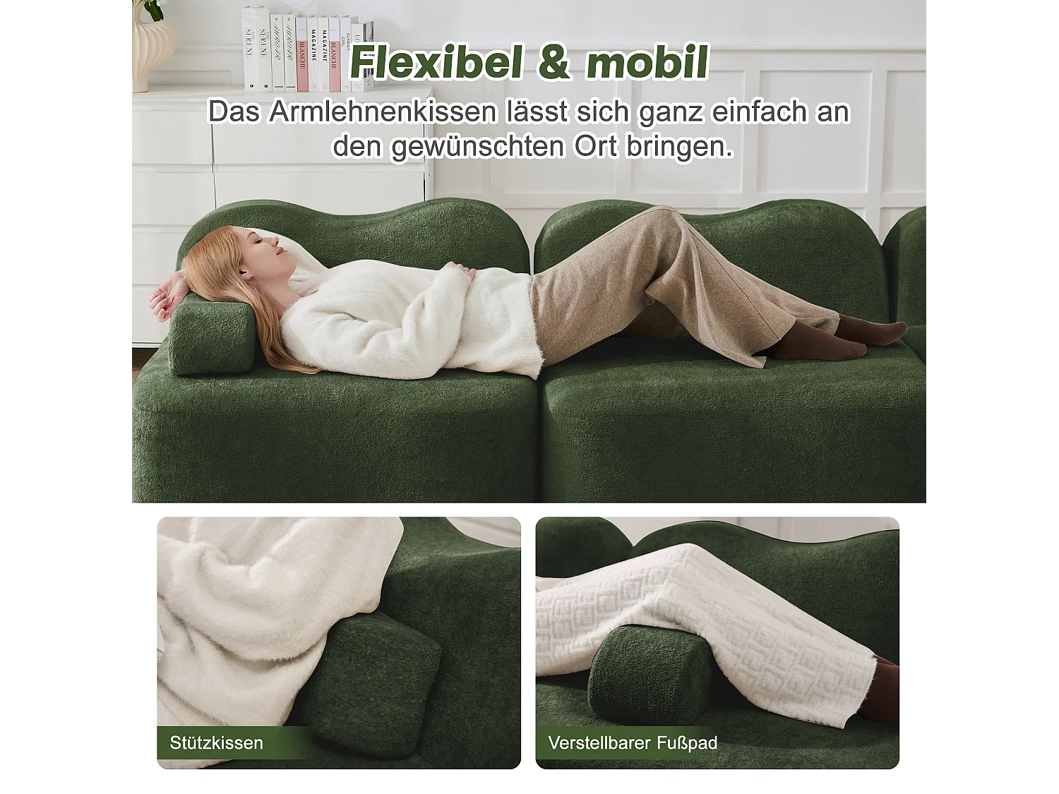 Canapé d'angle modulaire 3 places en velours vert avec pouf