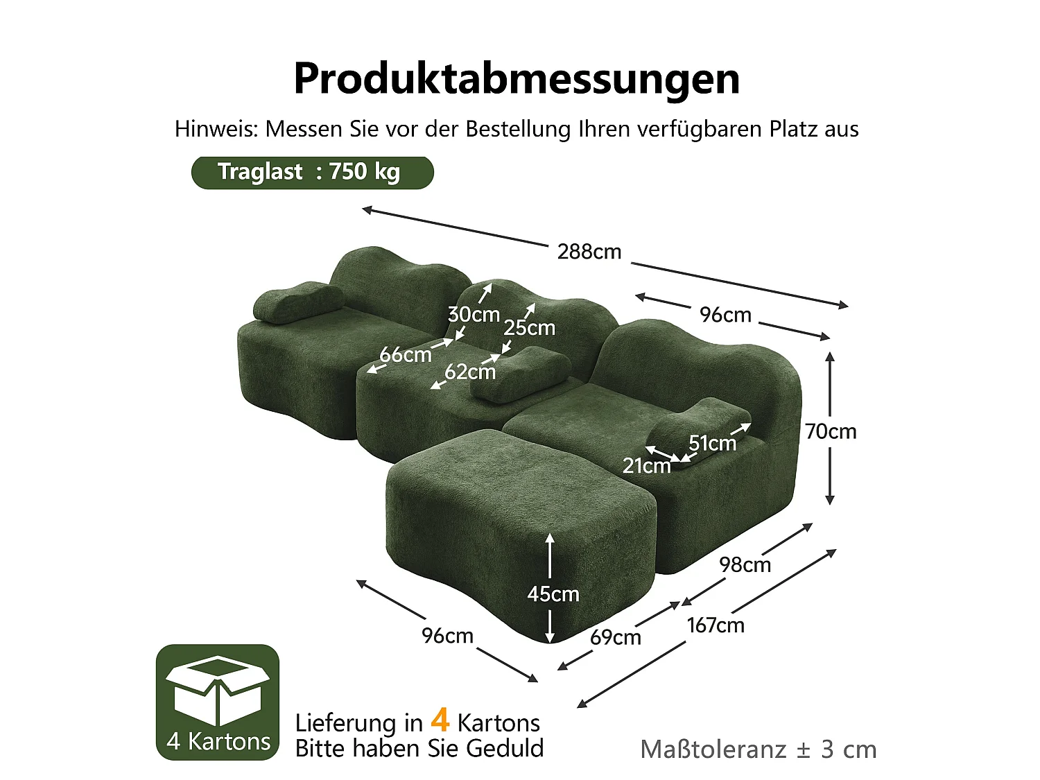 Canapé d'angle modulaire 3 places en velours vert avec pouf