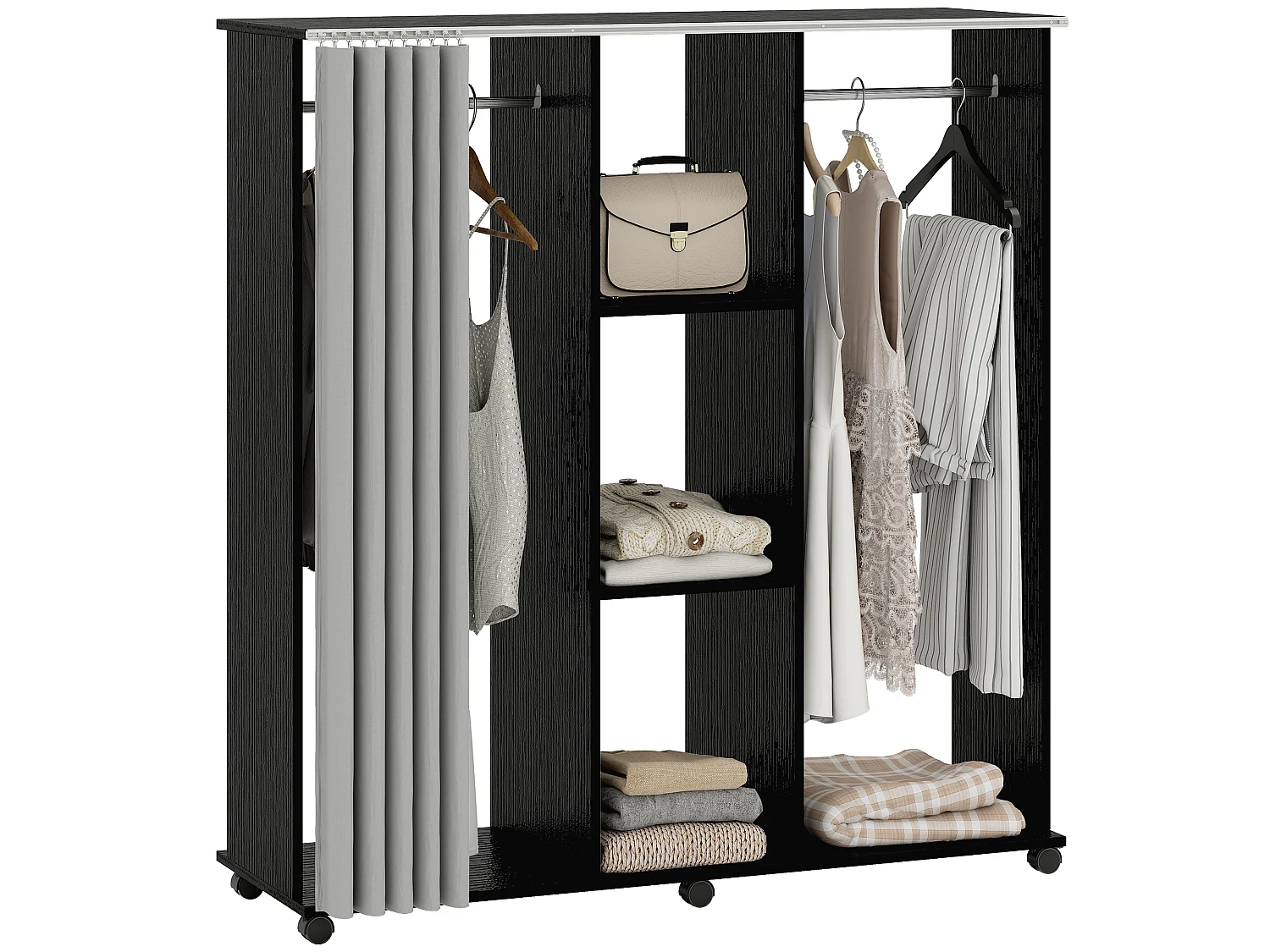 Armoire penderie mobile sur roulettes - 2 tringles, 2 étagères, rideau - 120 x 40 x 128 - effet bois noir