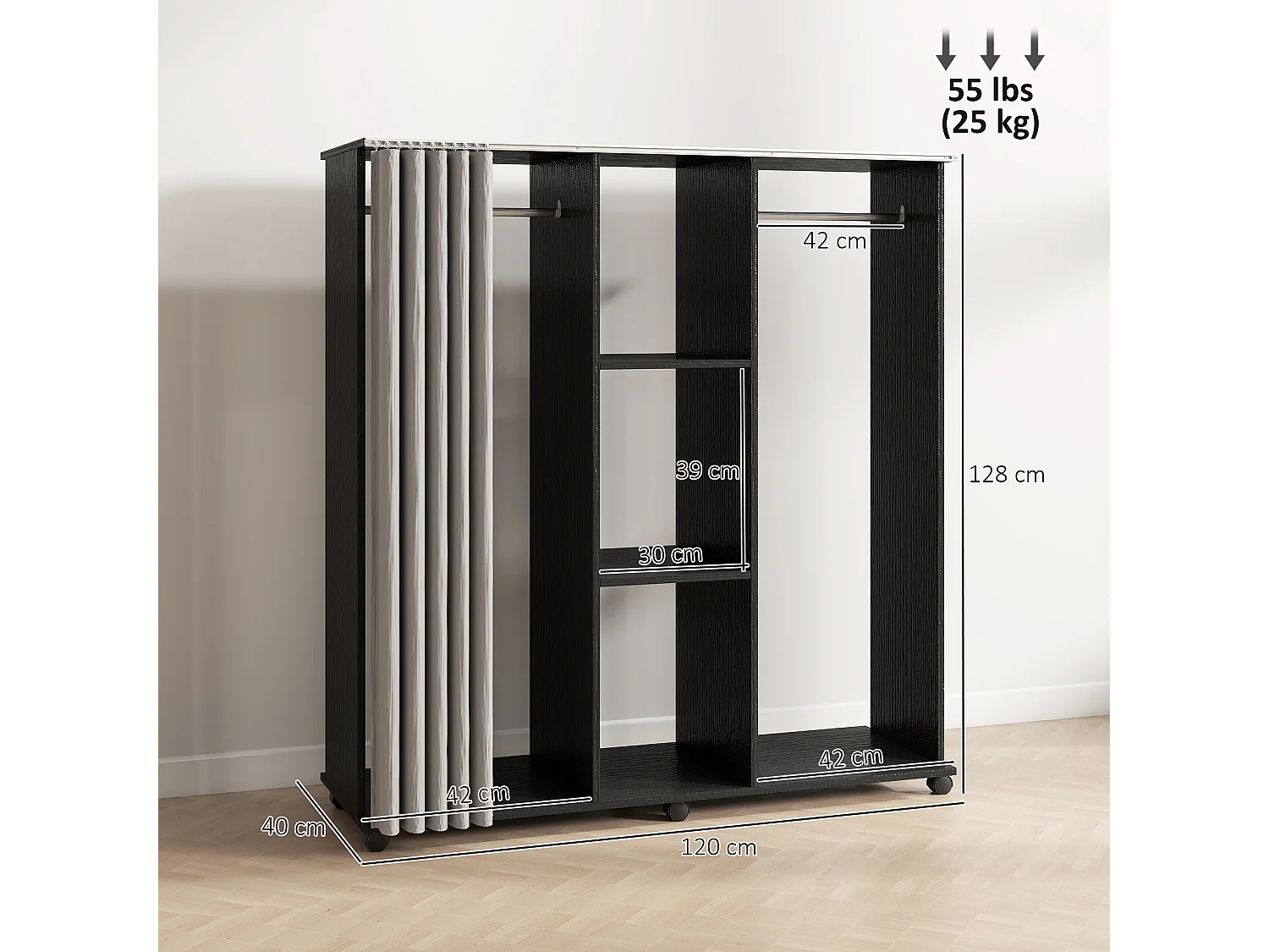 Armoire penderie mobile sur roulettes - 2 tringles, 2 étagères, rideau - 120 x 40 x 128 - effet bois noir