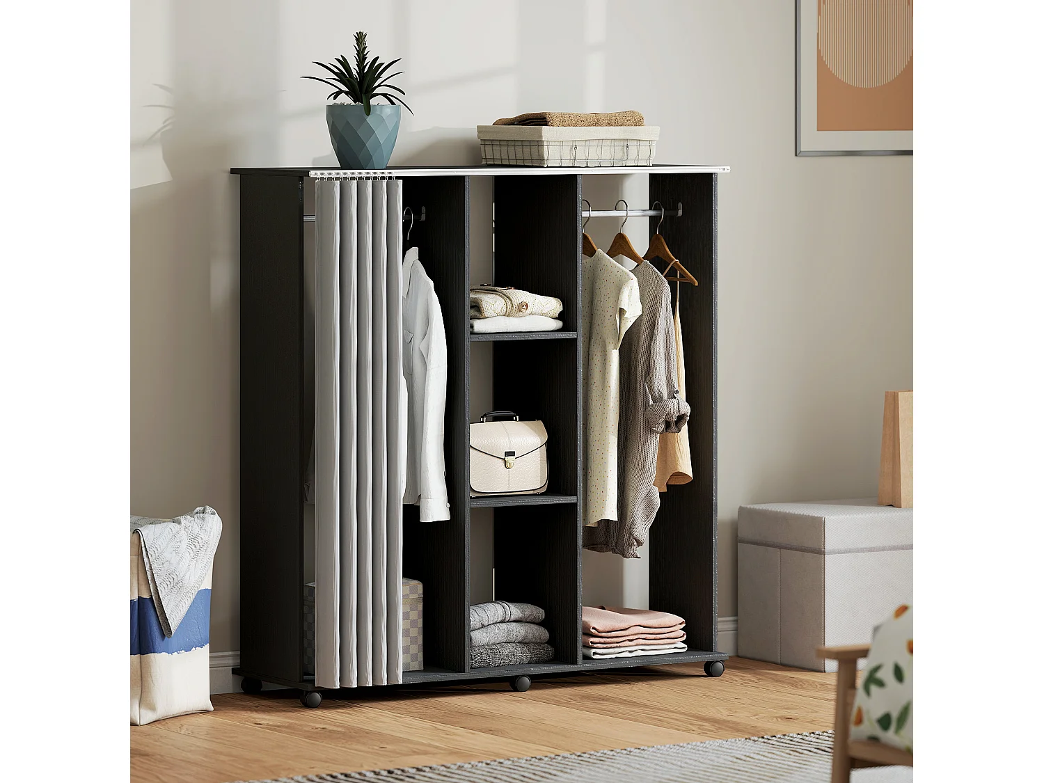 Armoire penderie mobile sur roulettes - 2 tringles, 2 étagères, rideau - 120 x 40 x 128 - effet bois noir