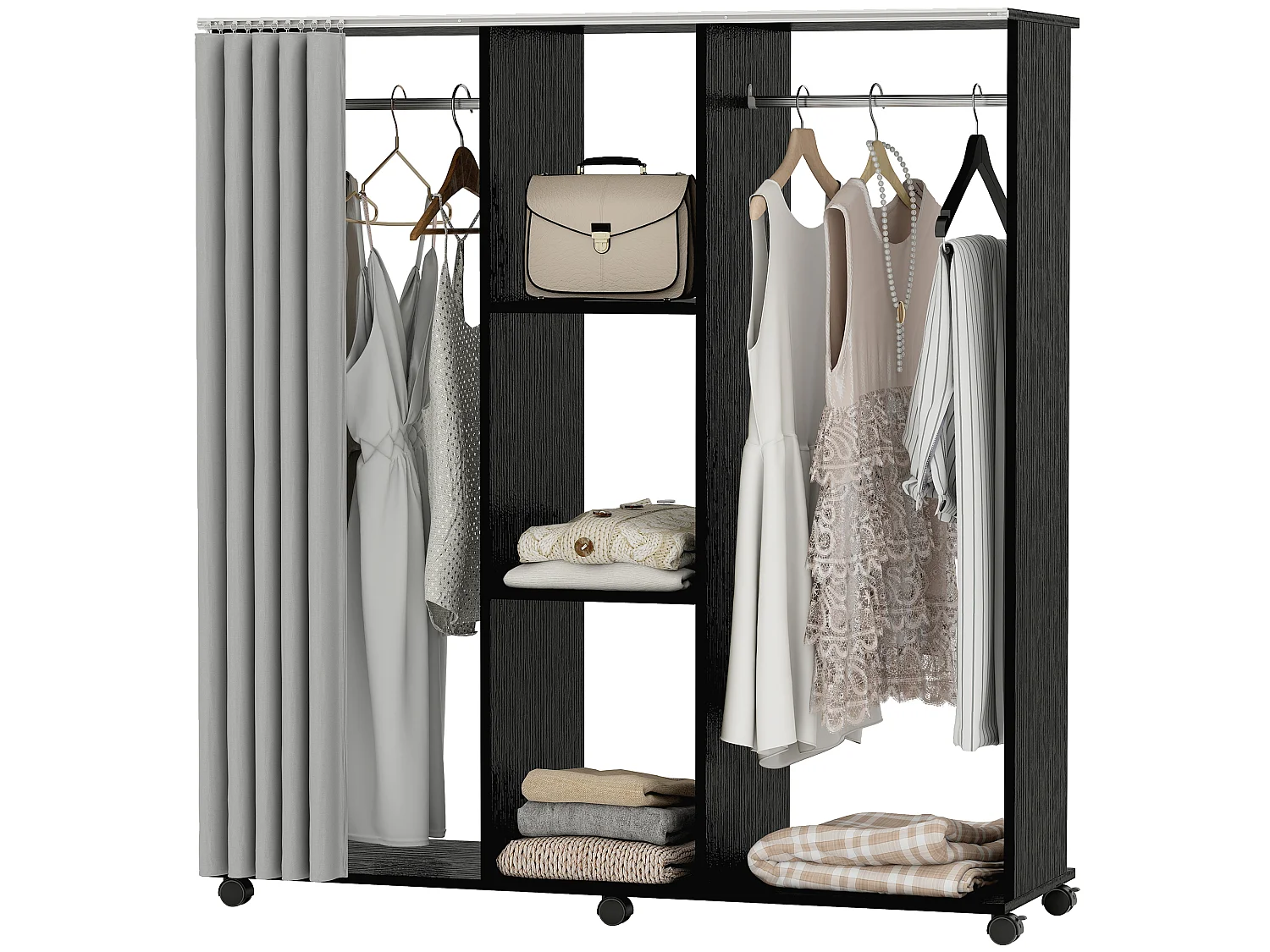 Armoire penderie mobile sur roulettes - 2 tringles, 2 étagères, rideau - 120 x 40 x 128 - effet bois noir