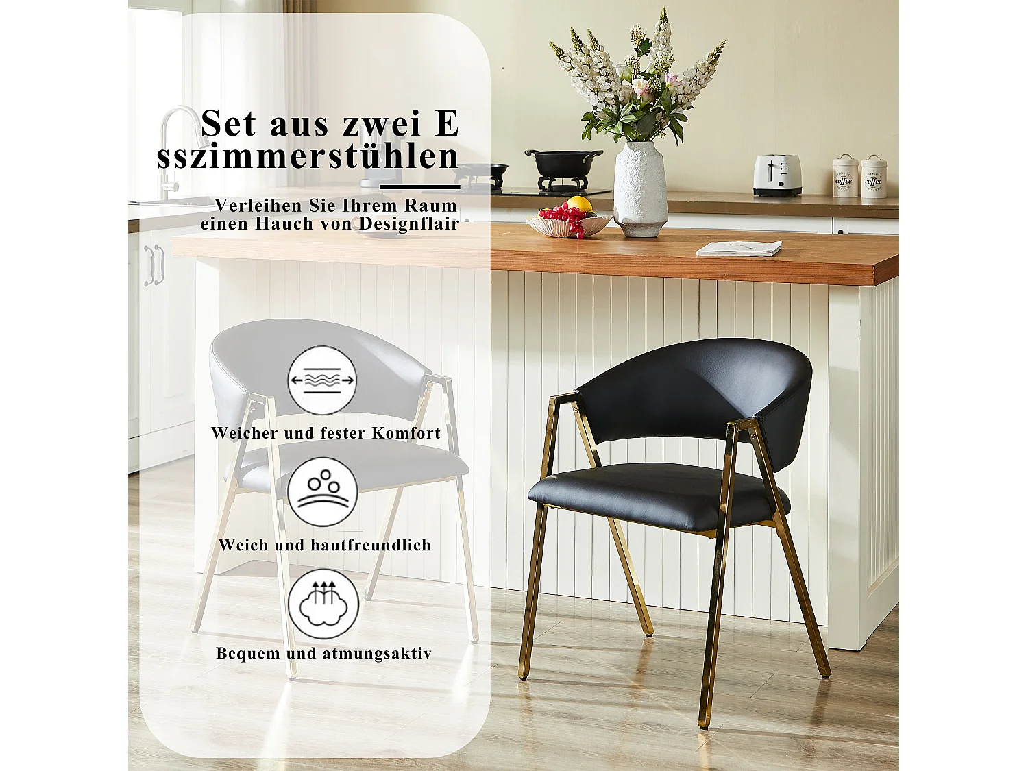 Lot de 2 chaises de salle à manger en similicuir noir cadre métal doré