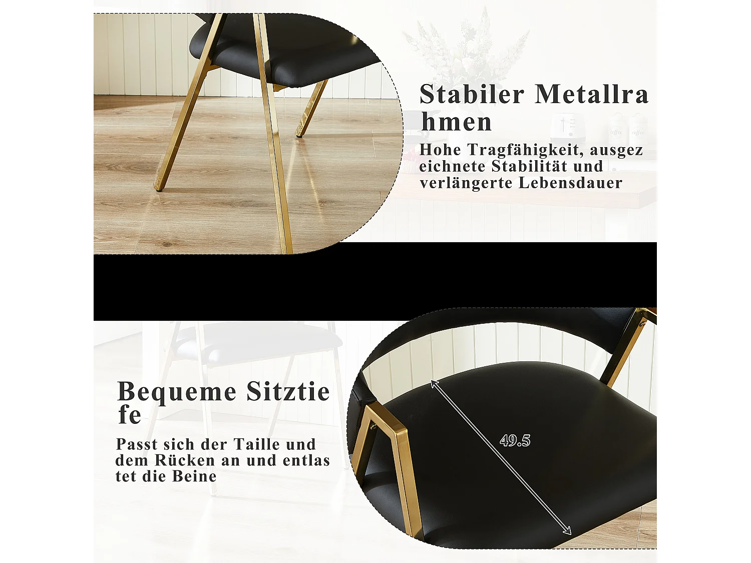 Lot de 2 chaises de salle à manger en similicuir noir cadre métal doré