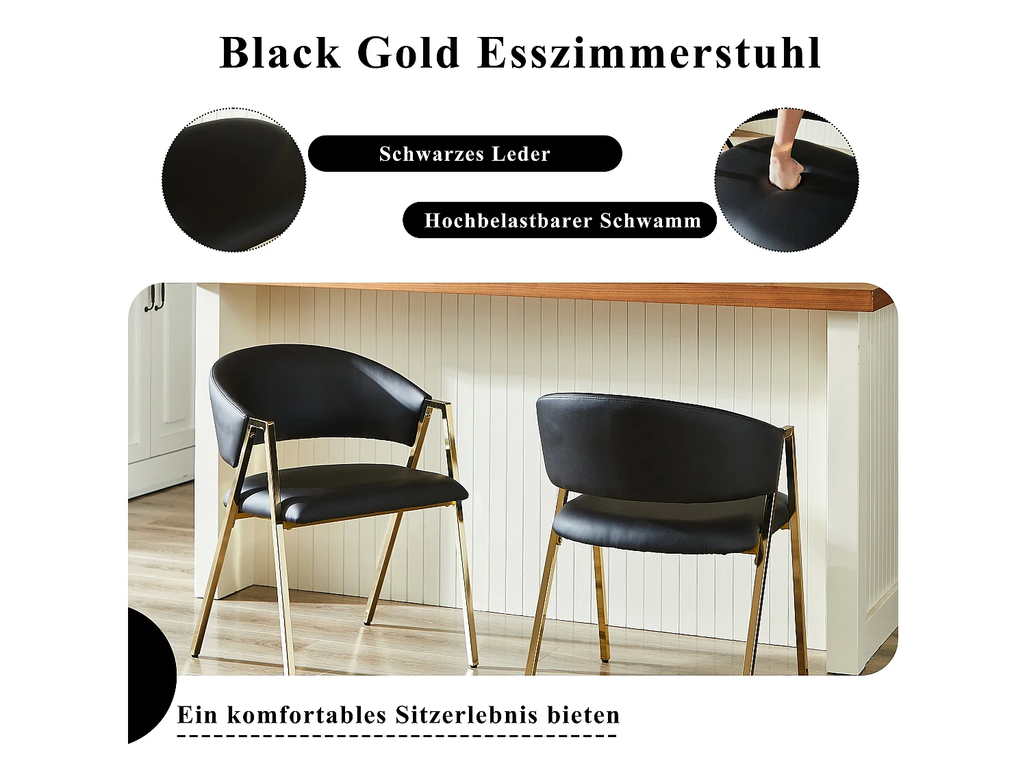Lot de 2 chaises de salle à manger en similicuir noir cadre métal doré